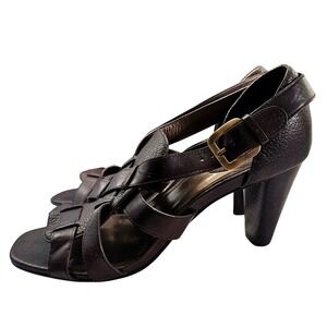 Cole‎ Haan Sz 8.5B Brown Leather Heels Strappy Open Toe Cone Heel Shoes #347